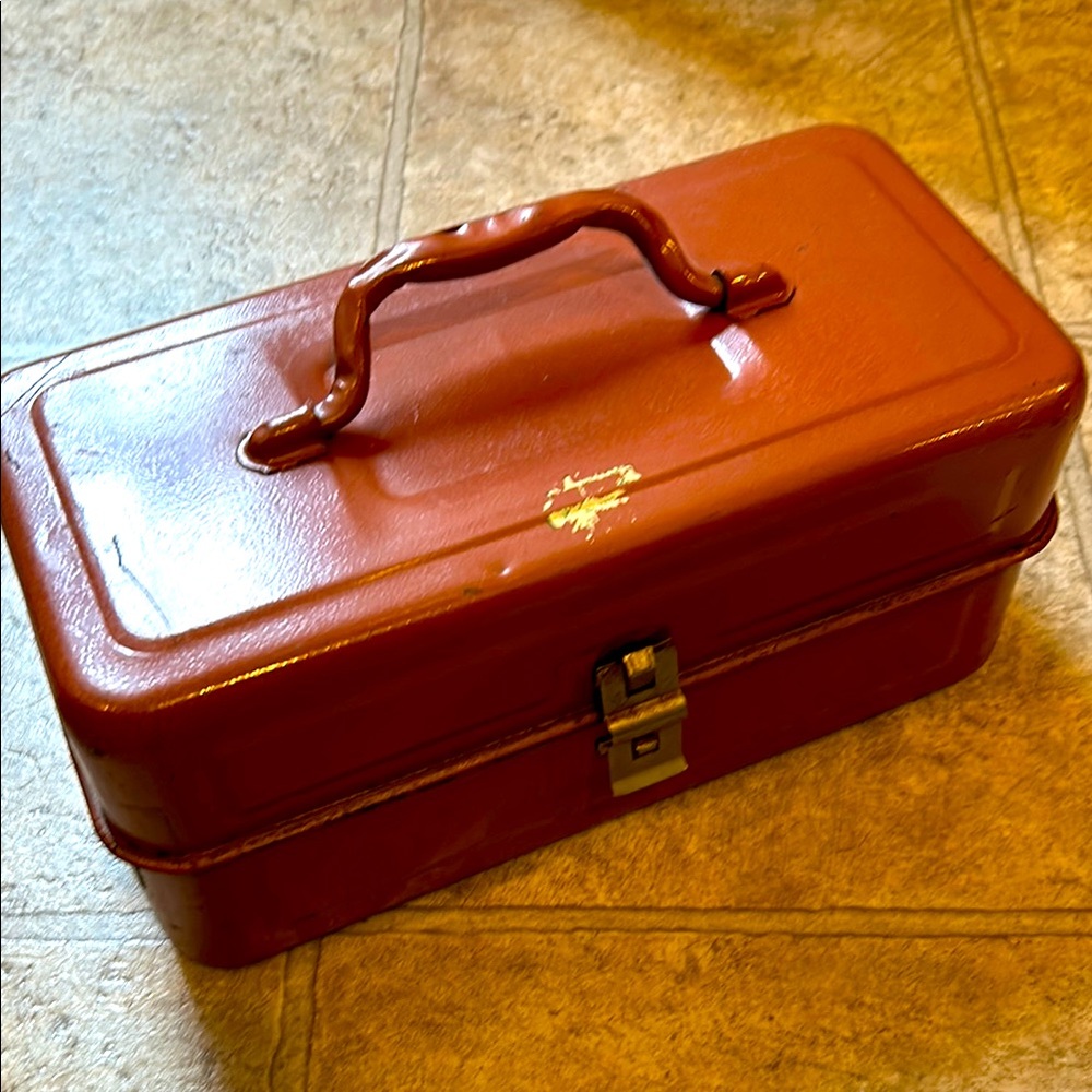 Beautiful Vintage Metal Tool, Tackle or Art Box in Terracotta
